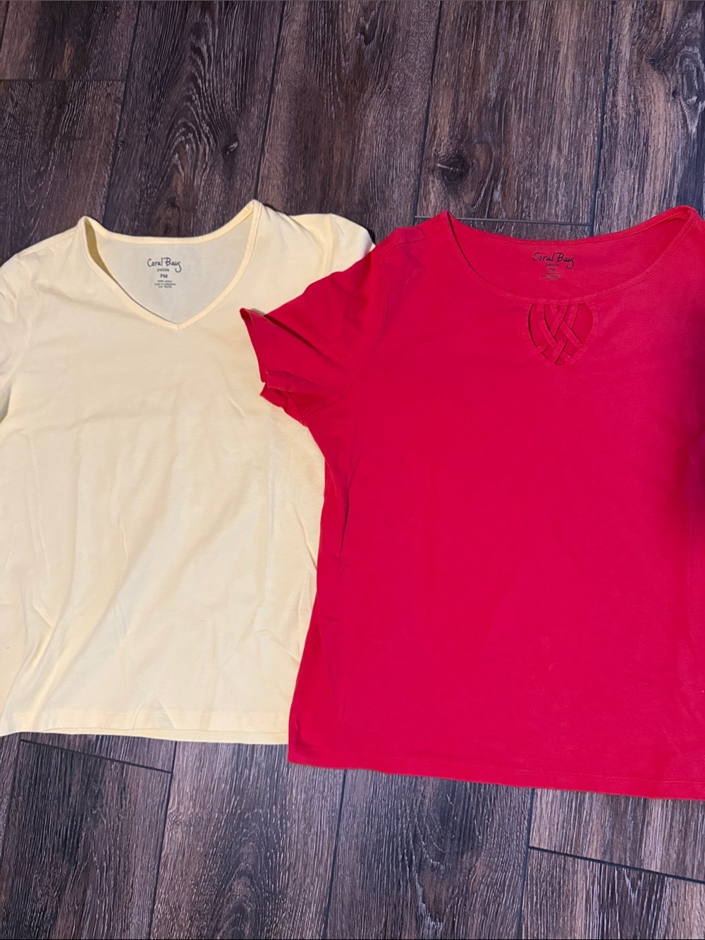 Coral Bay Red Short Sleeve Tee & Pale Yellow V‑Neck Tee - Pair petite medium
